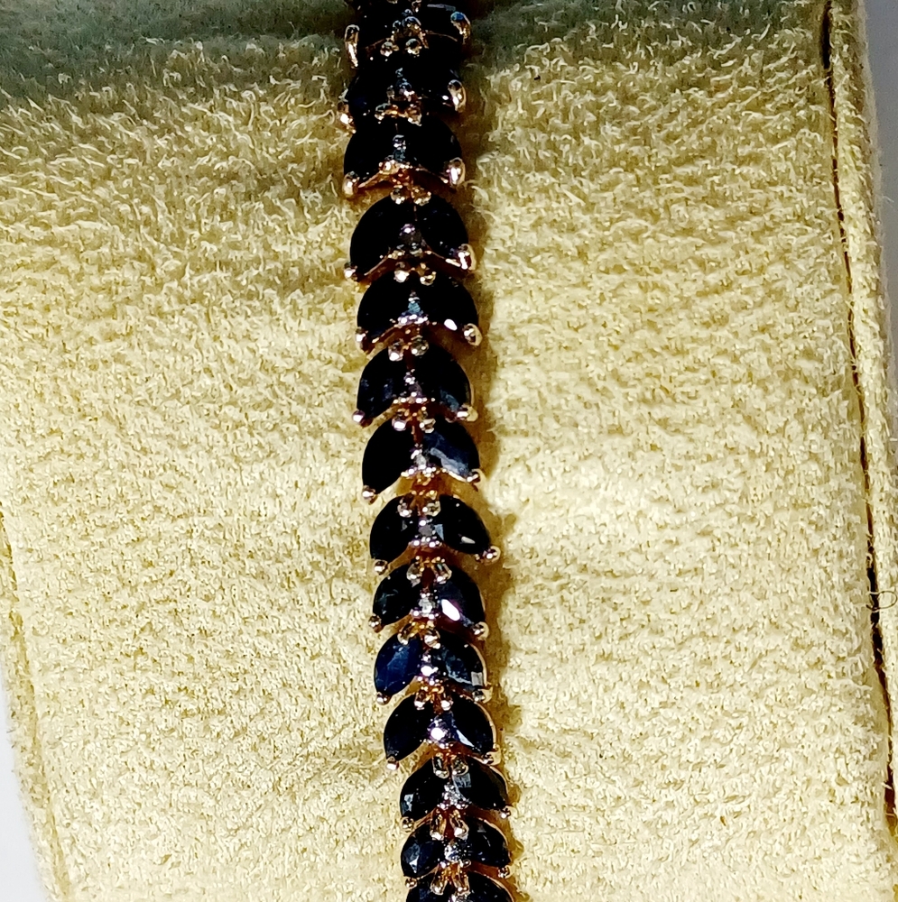 Natural Black Spinel Tennis Bracelet Gold-Tone 925 Sterling Silver 3x6mm 19.5cm